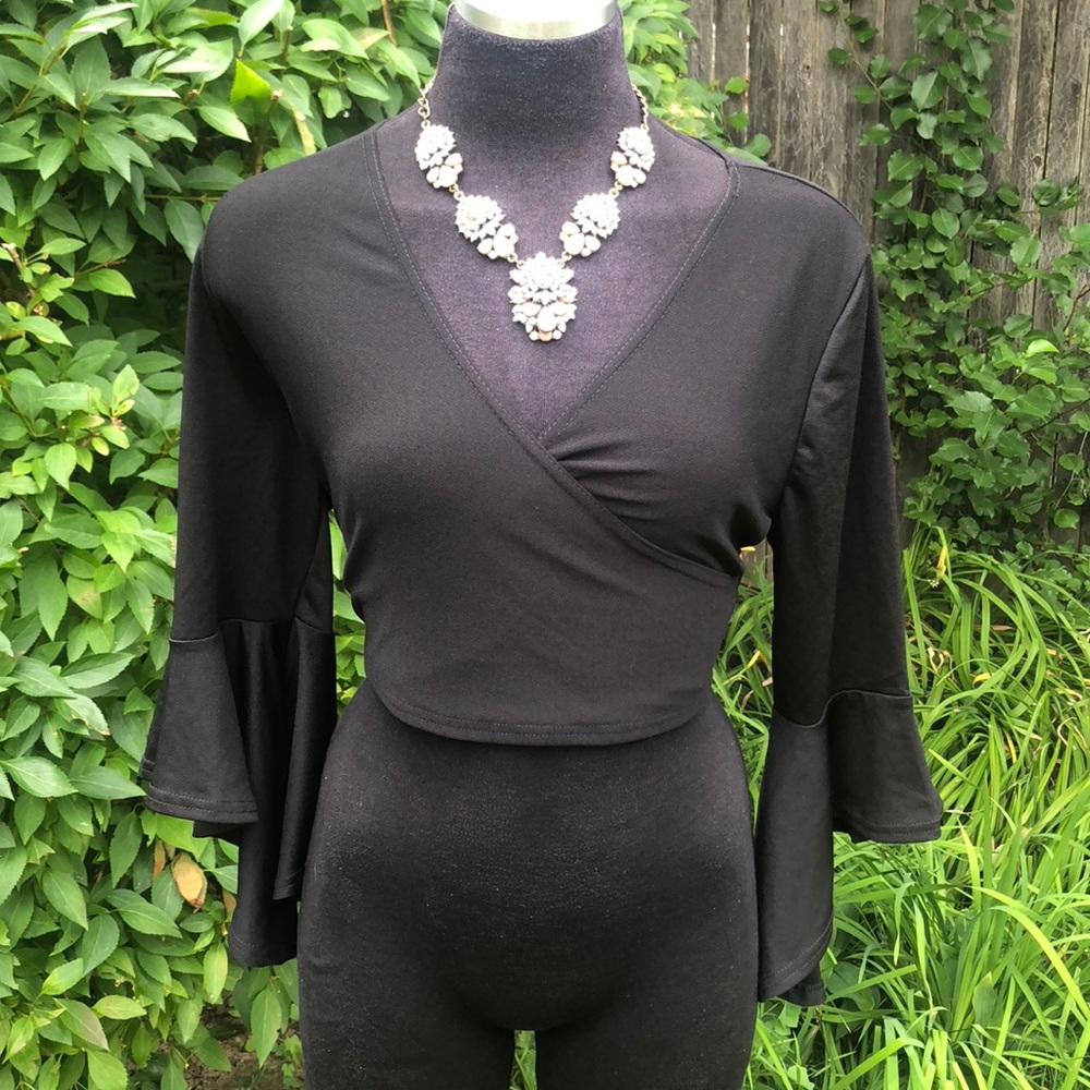 Missguided black wrap, flared sleeve crop top